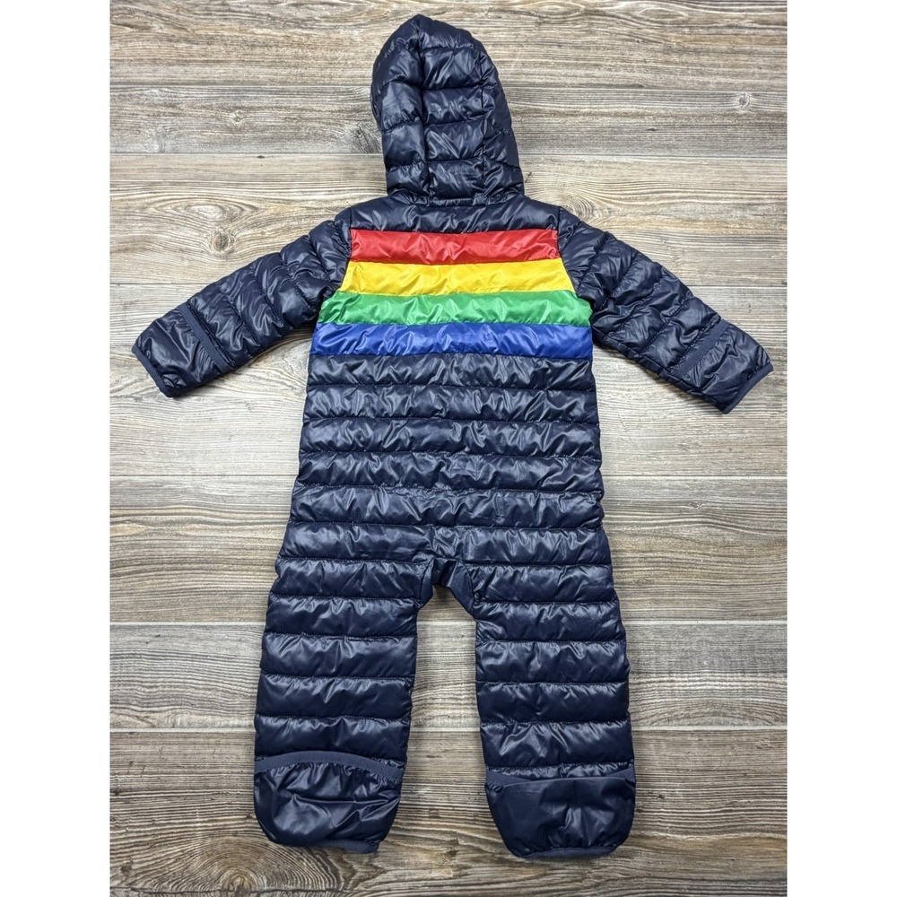 Primary Navy & Rainbow Striped Hooded Puffer Snowsuit 6-12 Months Lightweight - Picture 9 of 12